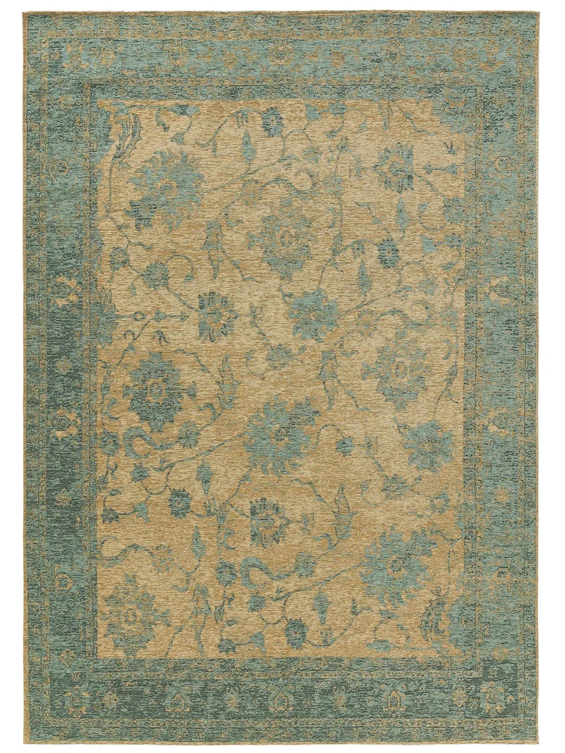Tapis vintage motif floral beige et vieux bleu 80x165 cm