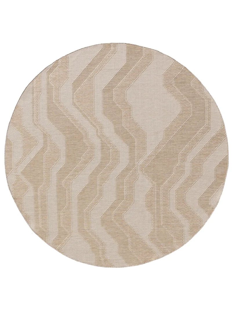 Tapis géométrique rayé rond beige d'intérieur et d'extérieur 160 cm de diamètre