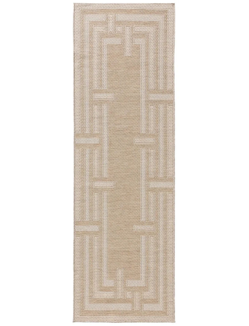 Tapis géométrique motif labyrinthe de couloir beige d'intérieur et d'extérieur 80x250 cm