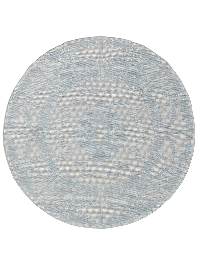 Tapis géométrique motif ethnique rond bleu d'intérieur et d'extérieur 200 cm de diamètre