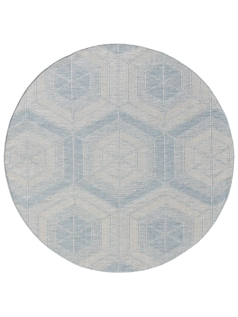 Tapis géométrique motif nid d'abeille rond bleu et beige d'intérieur et d'extérieur 160 cm de diamètre