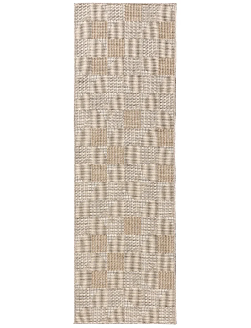 Tapis géométrique motif patchwork de couloir beige d'intérieur et d'extérieur 80x250 cm