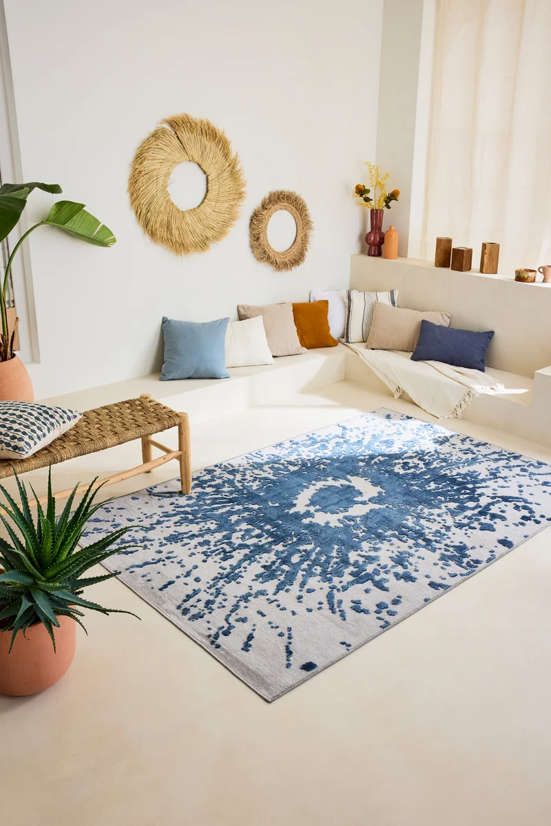GARDEN - Tapis d'intérieur et extérieur gris à motifs abstraits bleus - GAR1303BLE