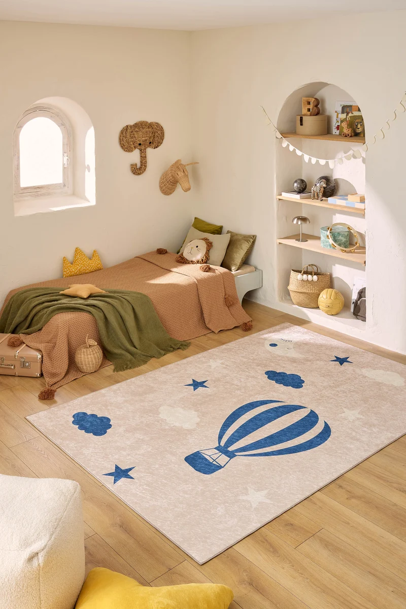 HAPPY - Tapis enfant beige à motif montgolfière bleu - HAP734BLE
