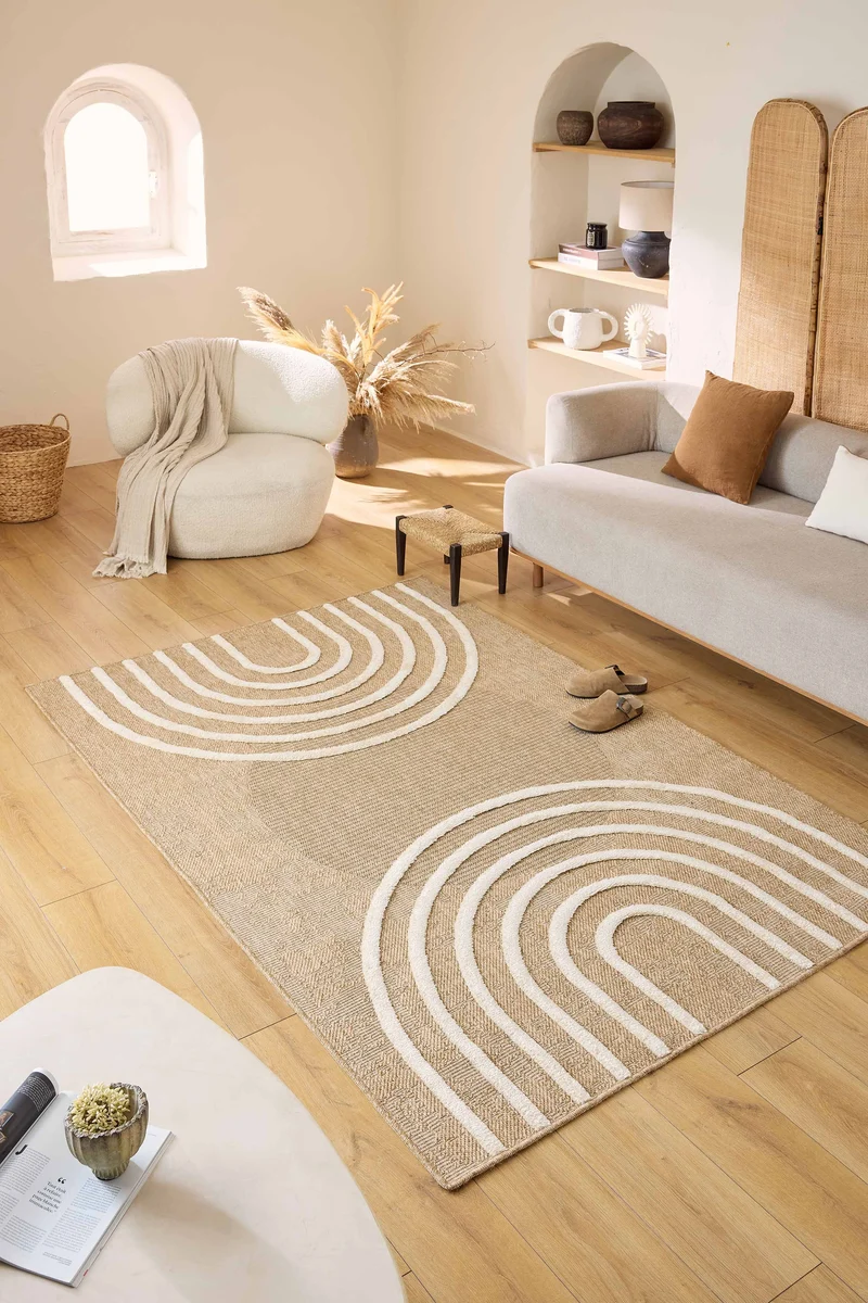 PALMA - Tapis aspect jute à motifs en arcs de cercle blancs - PAL9495BLA