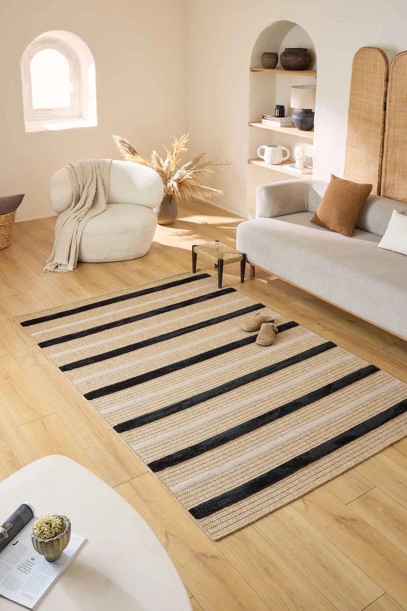 PALMA - Tapis aspect jute à motif rayé noir - PAL9492NOI