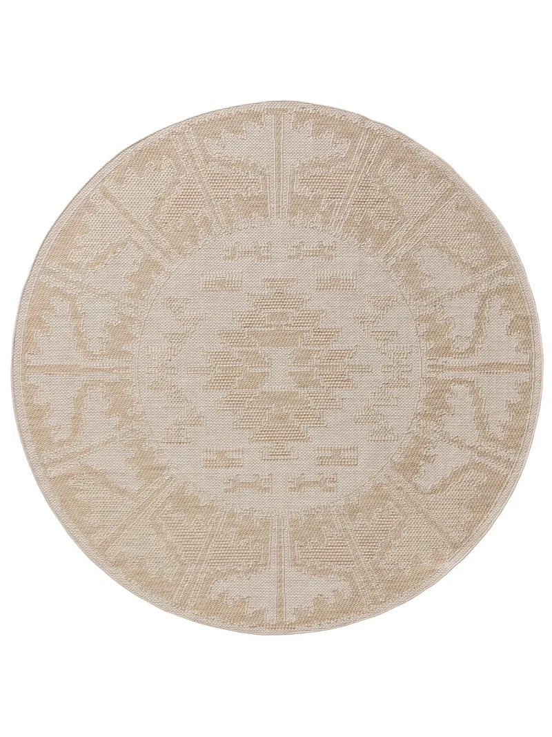 Tapis géométrique motif ethnique rond beige d'intérieur et d'extérieur 160 cm de diamètre