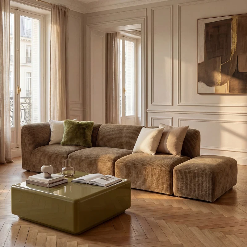 Pouf DRAWER Noor pour canapé modulable en velours côtelé kaki