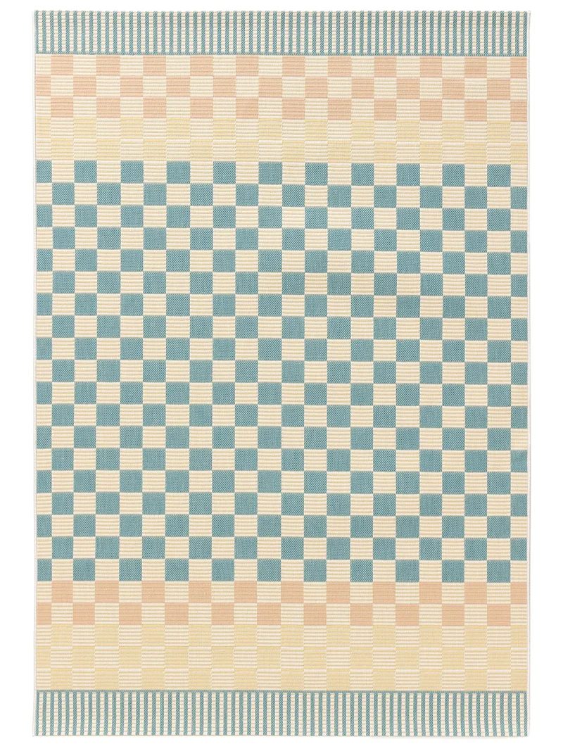 Tapis géométrique damier vert d'eau et beige d'intérieur et d'extérieur 120x170 cm