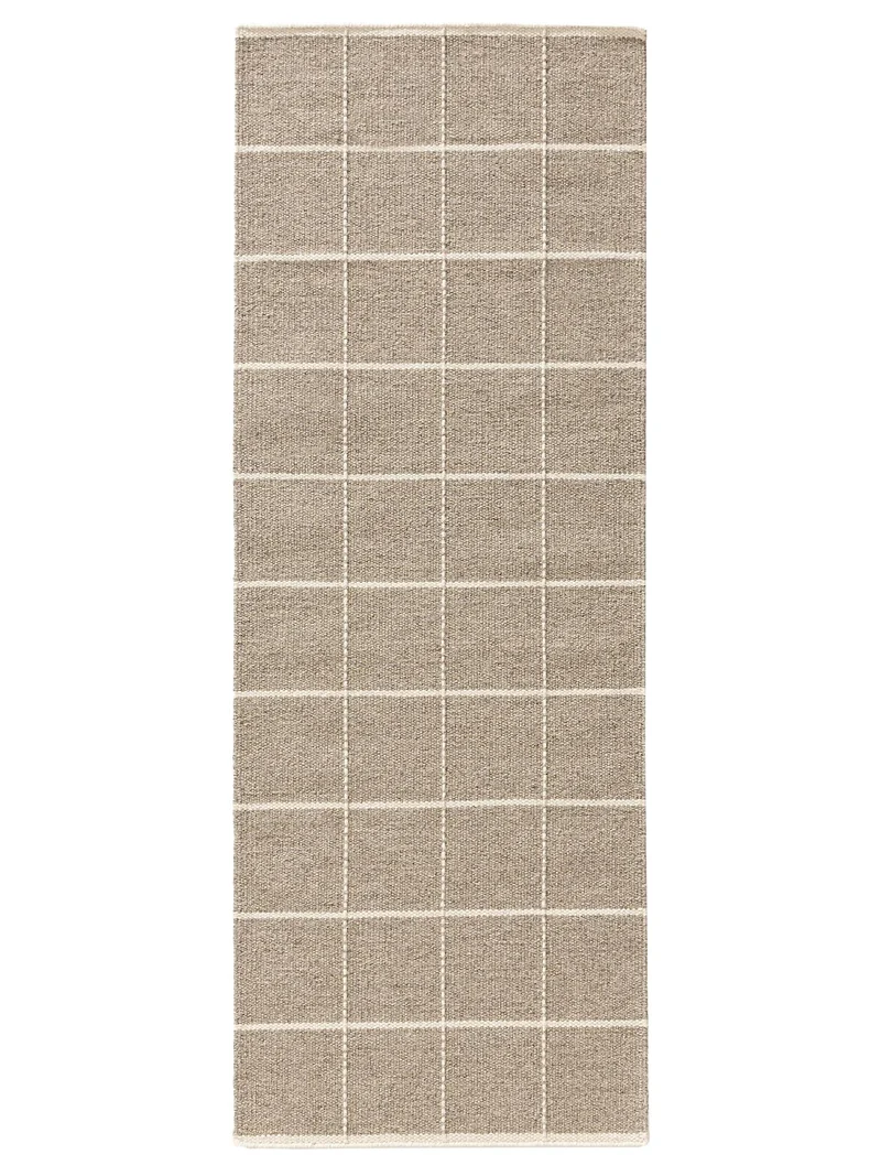 Tapis moderne motif grille géométrique descente de lit taupe en laine 70x200 cm