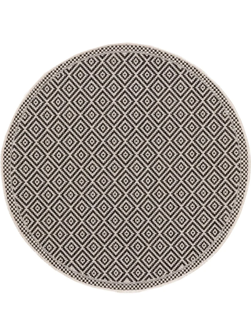 Tapis ethnique motif géométrique rond blanc et noir d'intérieur et d'extérieur 150 cm de diamètre