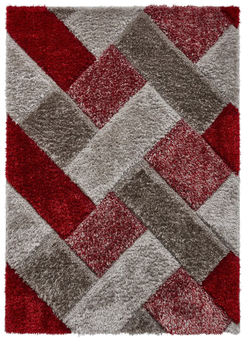 Tapis de salon gris et rouge Shaggy effet graphique OLYMPIA
