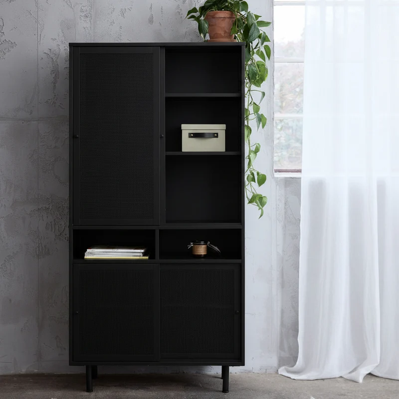 Vaisselier DRAWER Kiso 4 portes 2 niches en métal noir H180cm