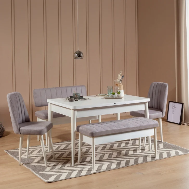 Ensemble de salle à manger LES TENDANCES Mariva avec table extensible, 2 chaises et 2 bancs en tissus Gris