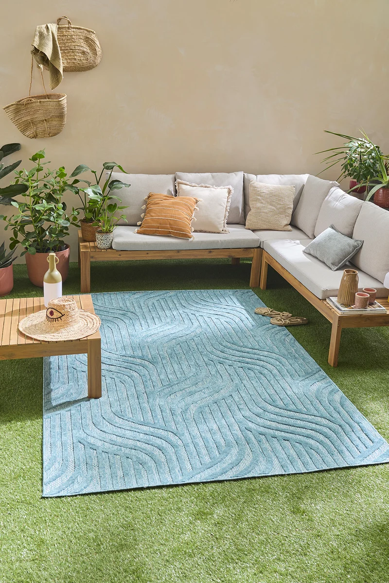 SANTORINI - Tapis d'intérieur et extérieur motif graphique turquoise - SAN989TUR