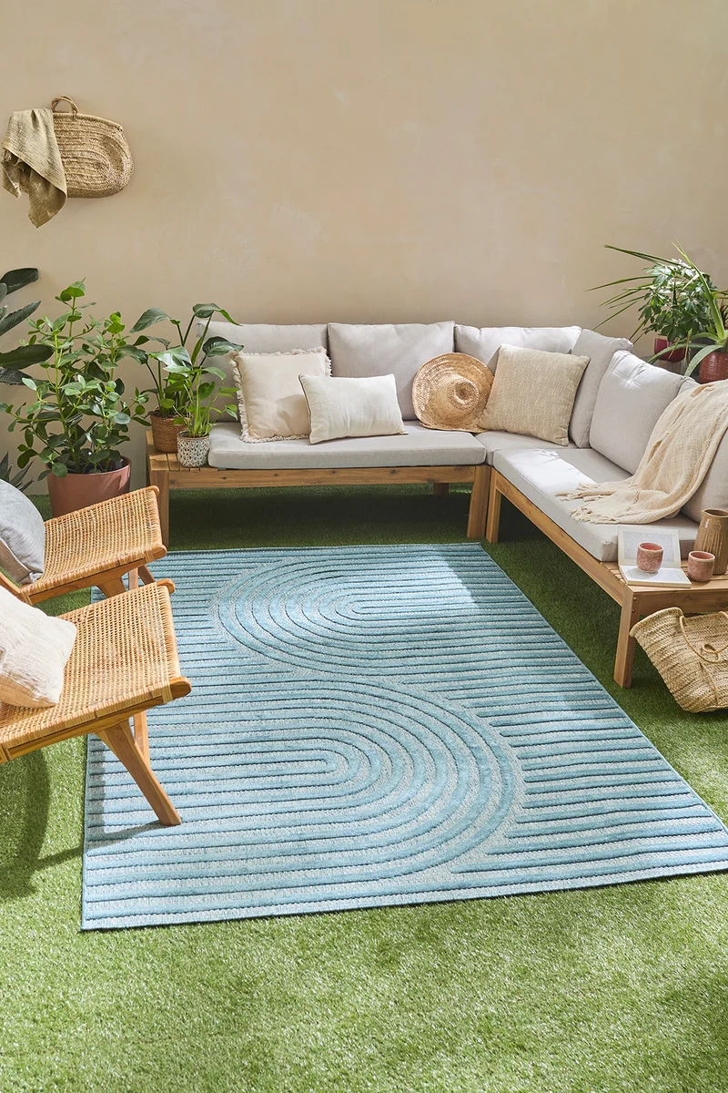 SANTORINI - Tapis d'intérieur et extérieur motifs arcs symétriques turquoise - SAN986TUR