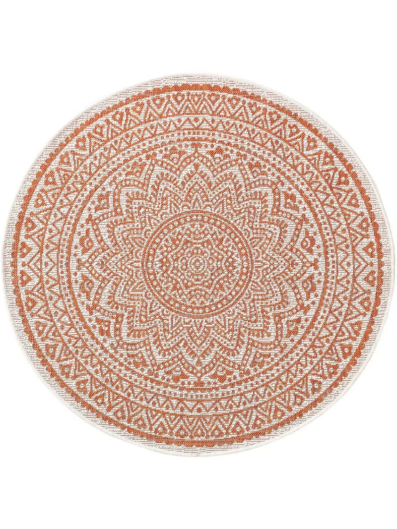 Tapis bohème motif mandala rond orange d'intérieur et d'extérieur 120 cm de diamètre