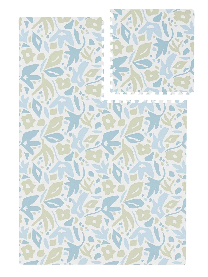 Tapis enfant motif fleur de jeux puzzle bleu et vert 120x180 cm