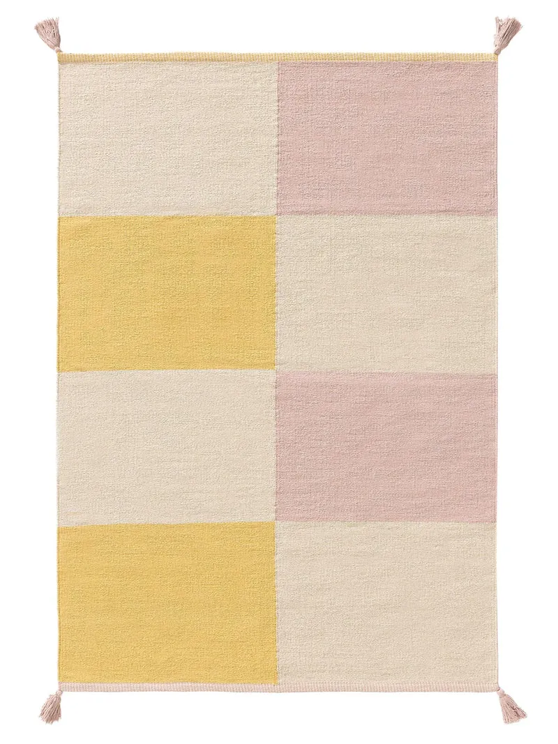 Tapis moderne motif géométrique enfant rose et jaune en coton 90x130 cm