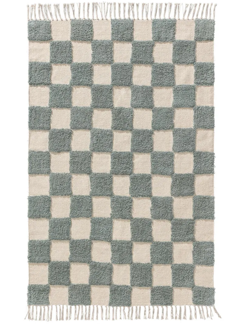 Tapis géométrique damier épais enfant vert d'eau et beige en coton 80x120 cm