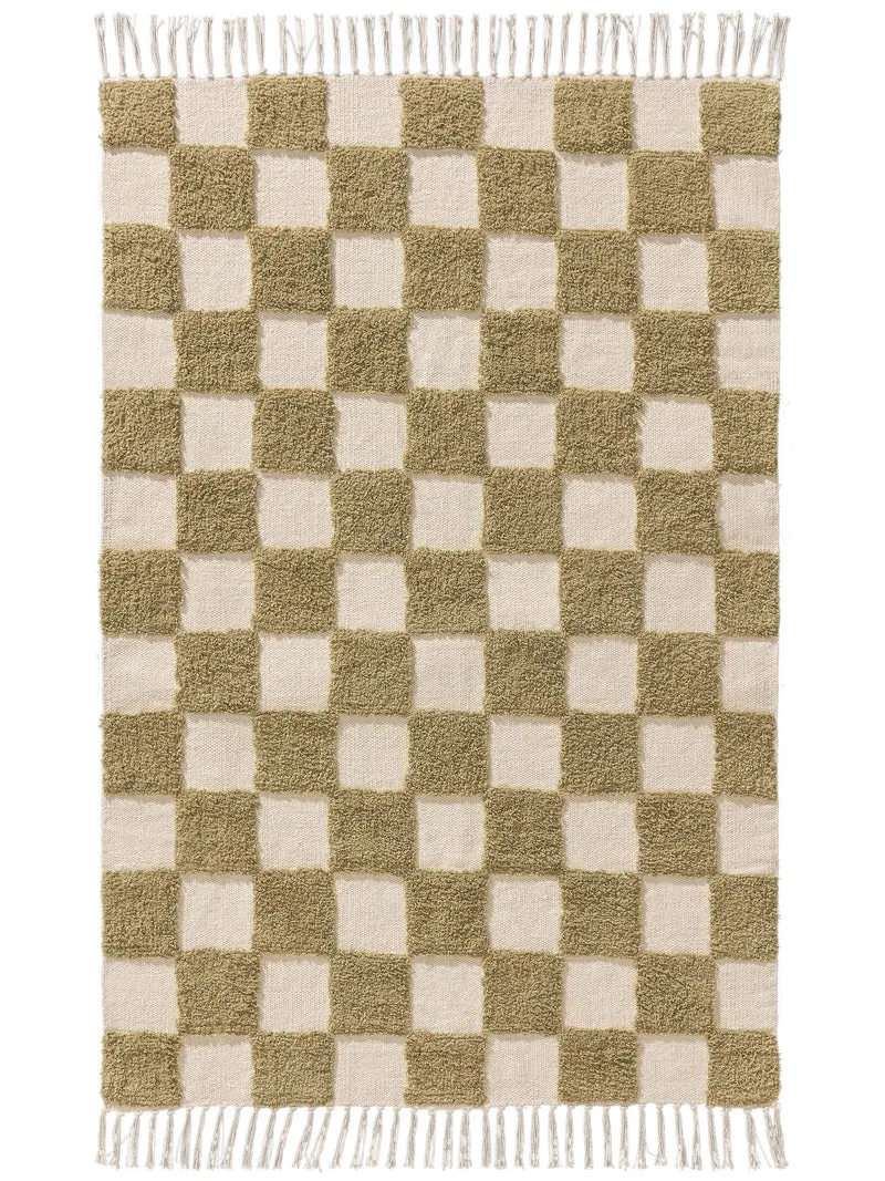 Tapis géométrique damier épais enfant vert et beige en coton 80x120 cm