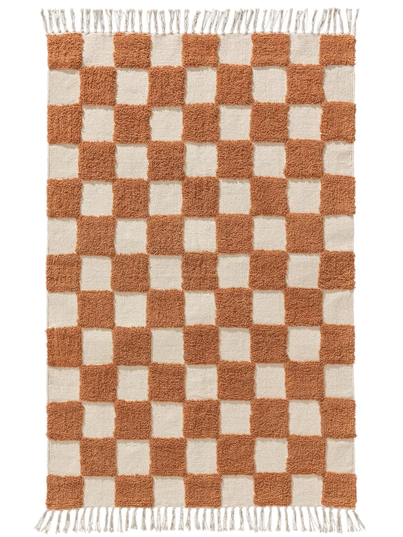 Tapis géométrique damier épais enfant terracotta et beige en coton 120x170 cm