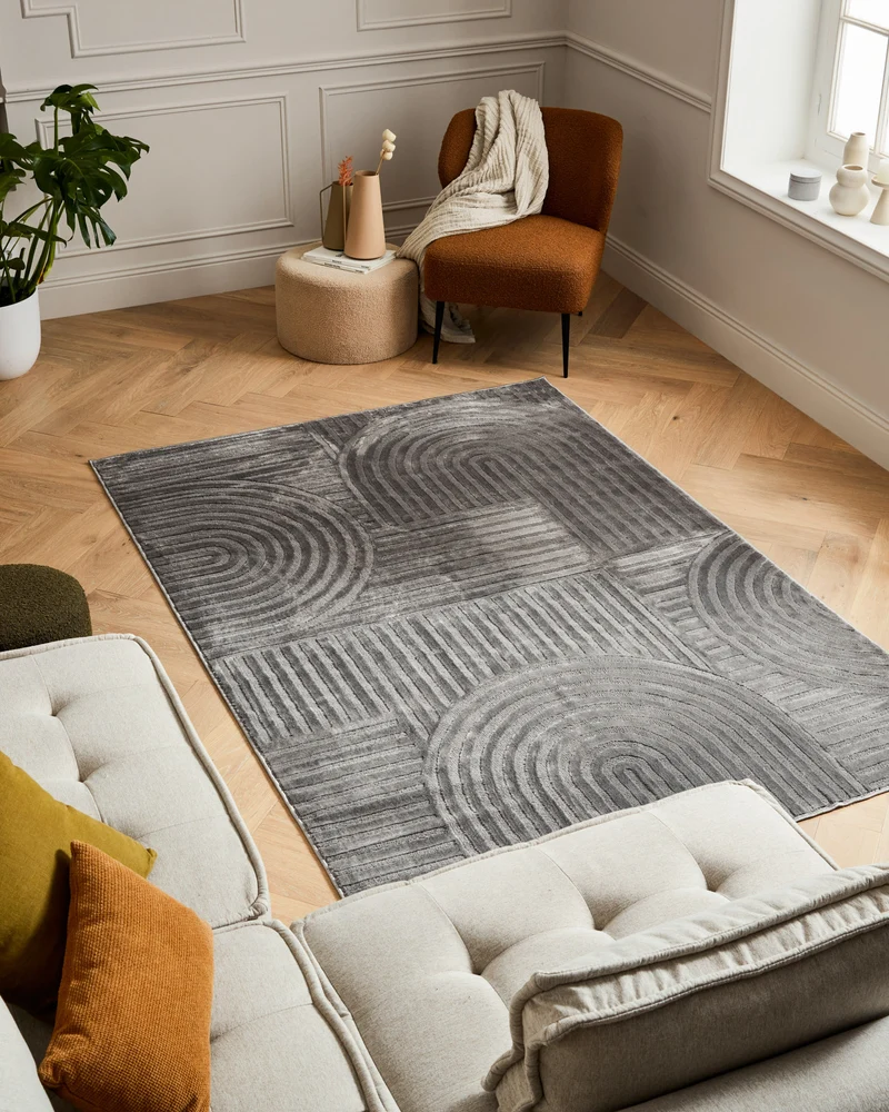 Tapis poils ras motif géométrique en relief gris : BLO1040GRI