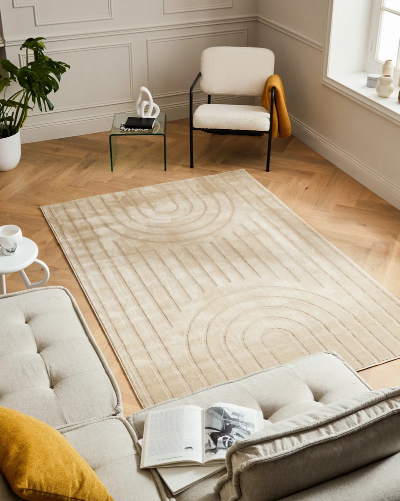 Tapis poils ras motif arc de cercle en relief beige : BLO1037BEI