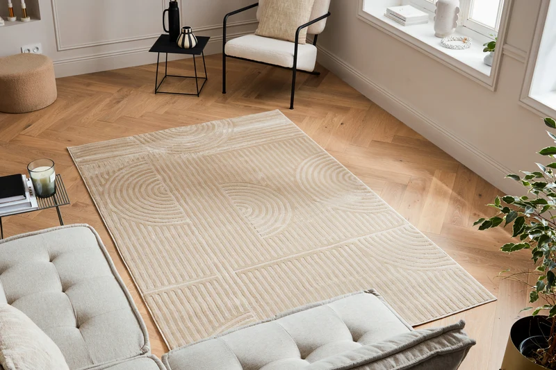 Tapis poils ras motif graphique en relief beige : BLO1036BEI