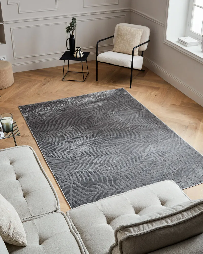 Tapis poils ras motif feuille en relief gris : BLO1035GRI