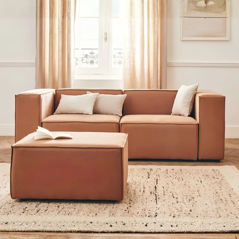 Canapé modulable KIPLI Aria 3 places avec pouf en tisssu caramel