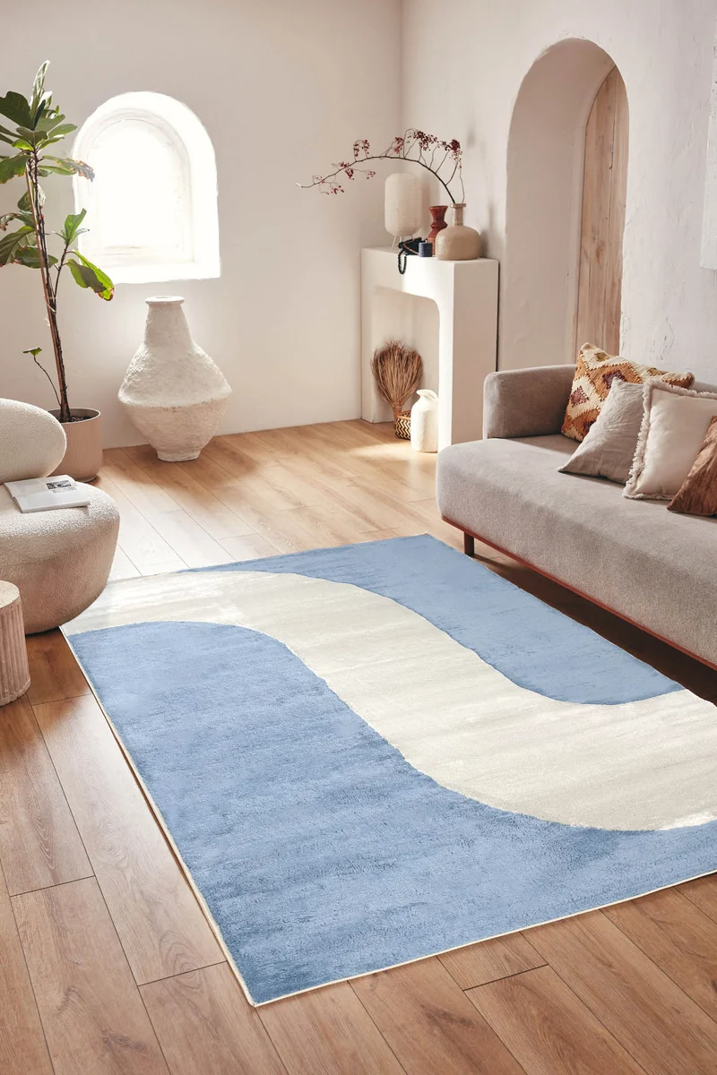 Tapis de salon à poils ras motif vague bleu : NEL794BLE