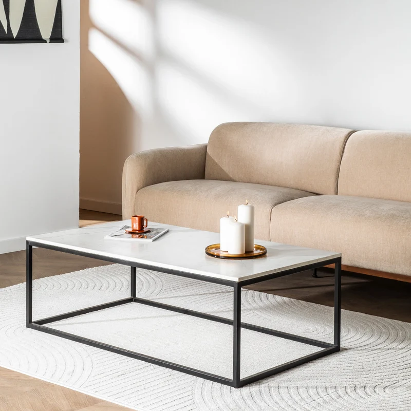 Table basse rectangulaire DRAWER Saku en marbre et métal 120x65cm