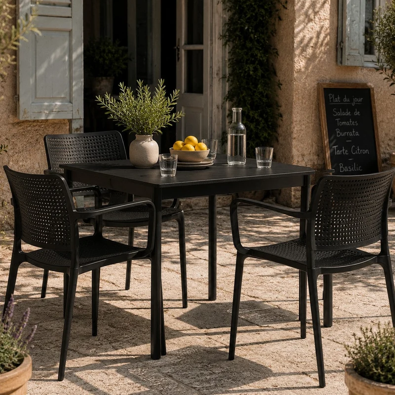 Lot de 4 chaises de jardin avec accoudoirs en plastique ajourée Oviala RIGA Noire