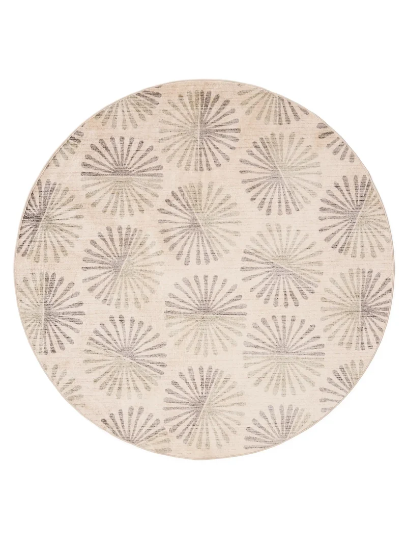 Tapis retro motif à fleurs rond beige et gris 160 cm de diamètre