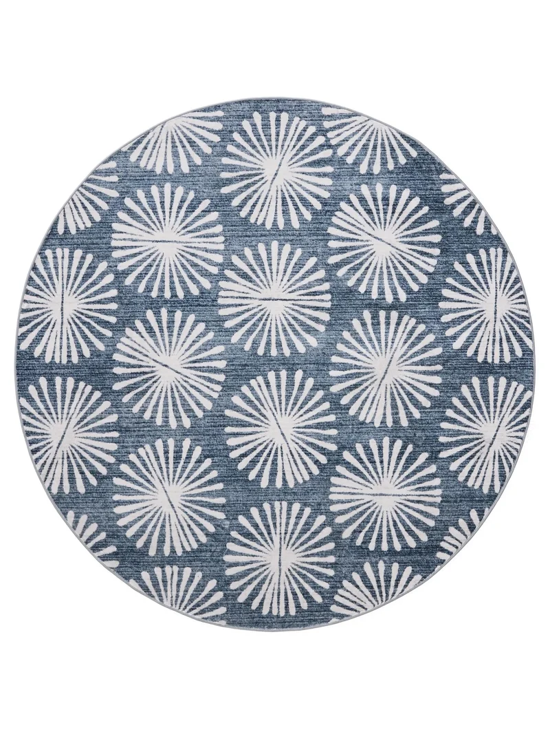 Tapis retro motif à fleurs rond bleu et blanc 160 cm de diamètre