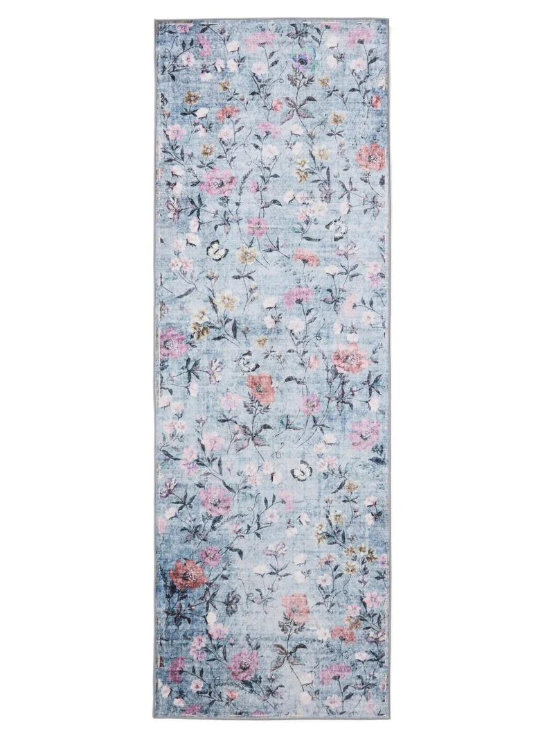 Tapis retro motif à fleurs de couloir bleu et rose 80x240 cm