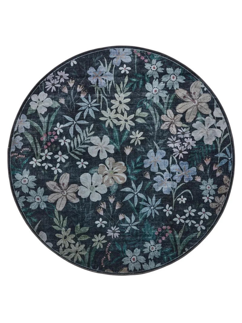 Tapis retro motif à fleurs rond multicolore et noir 160 cm de diamètre