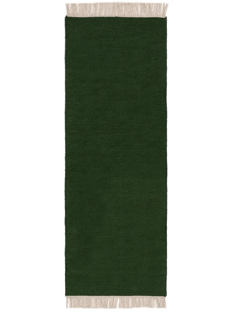 Tapis scandinave uni à franges descente de lit vert foncé en laine 70x200 cm