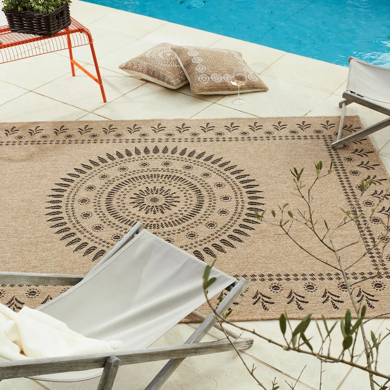 NATURE - Tapis effet jute naturel à motifs orientaux noirs - NAT8874NOI