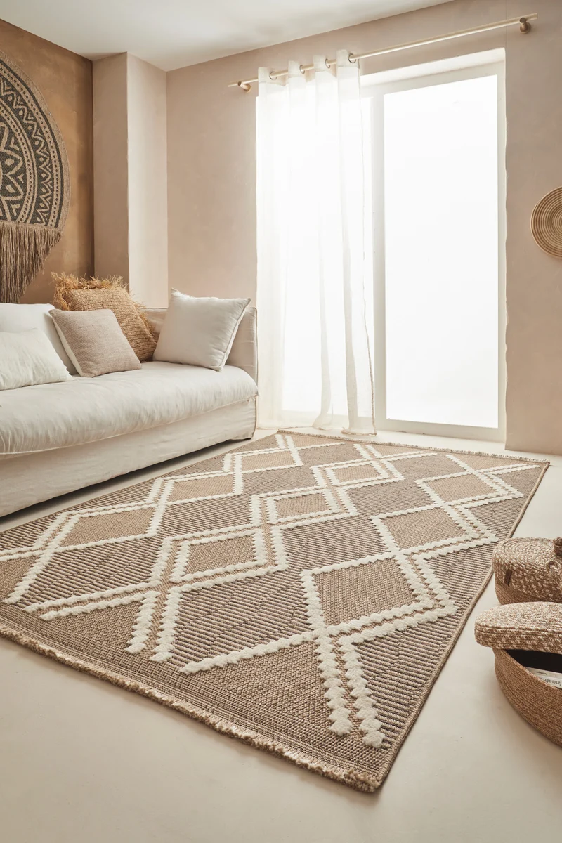 TULUM - Tapis de salon intérieur et extérieur marron aspect jute à motifs géométriques - TUL9048MAR