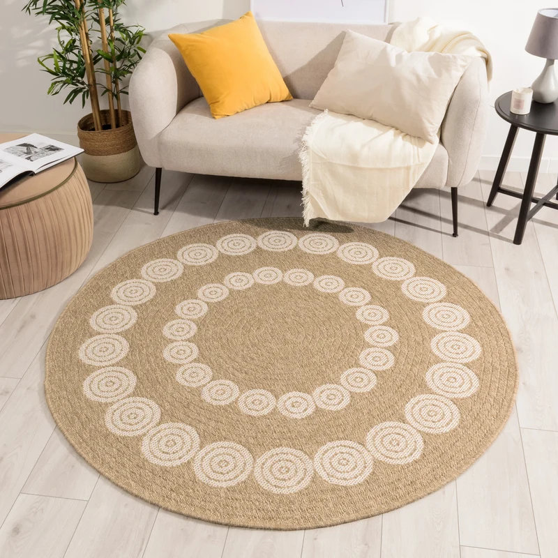 NATURE - Tapis rond aspect jute naturel à motifs géométriques blancs - NAT8868BLA