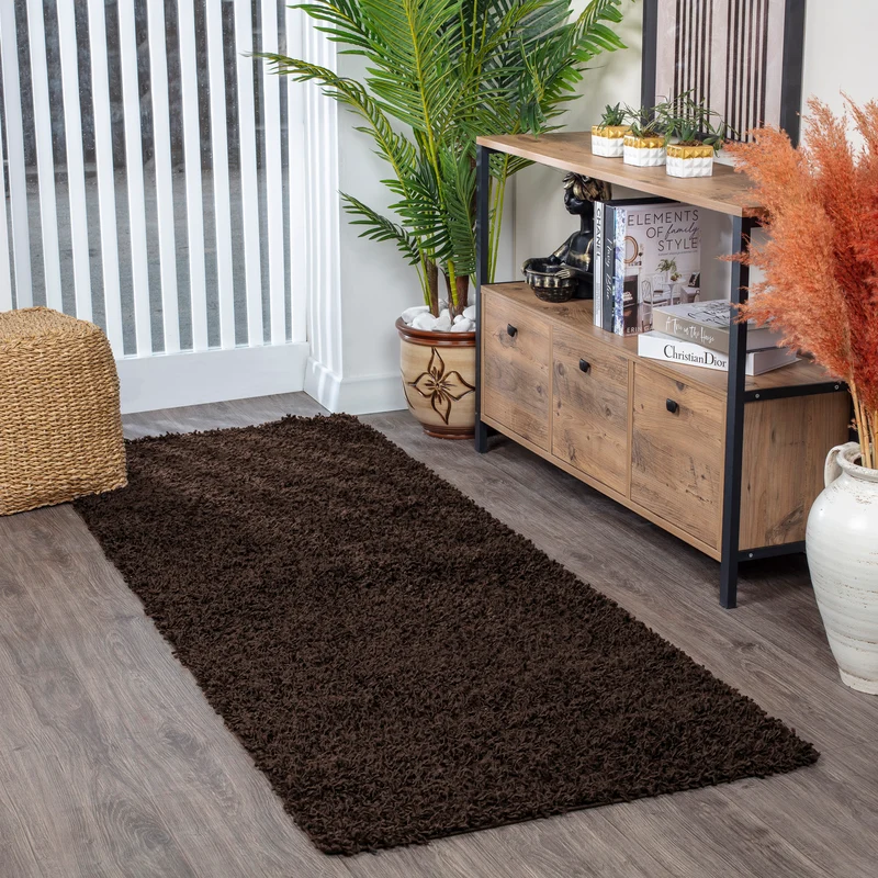 Tapis de Couloir Shaggy Moderne Marron Foncé Boracay