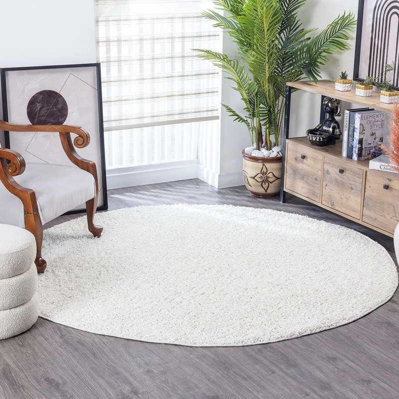 Tapis Rond Shaggy Moderne Blanc Rond Boracay