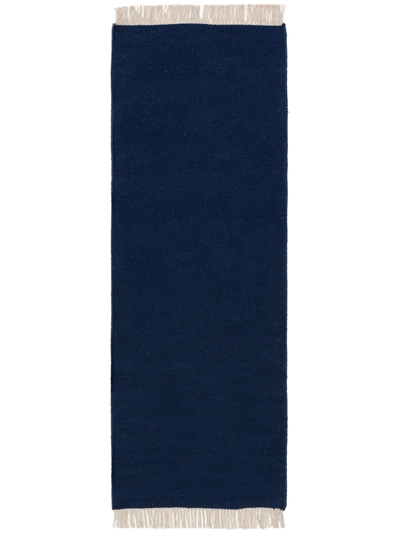 Tapis scandinave uni à franges descente de lit bleu marine en laine 70x200 cm