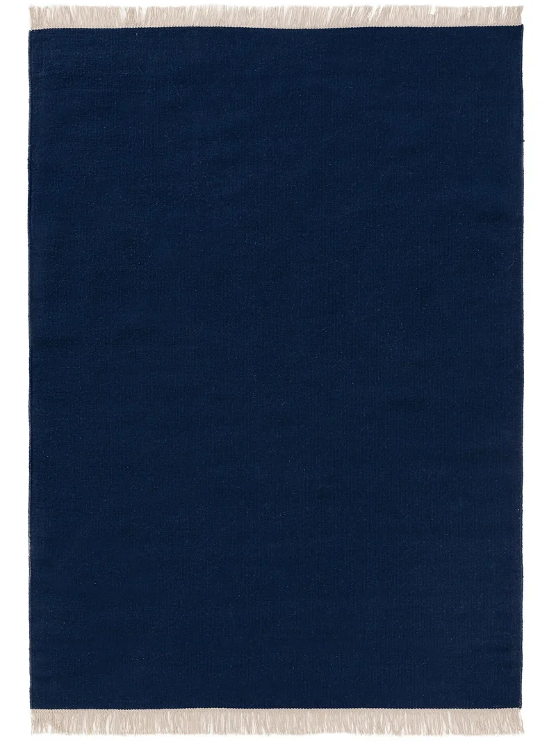 Tapis scandinave uni à franges bleu marine en laine 60x100 cm