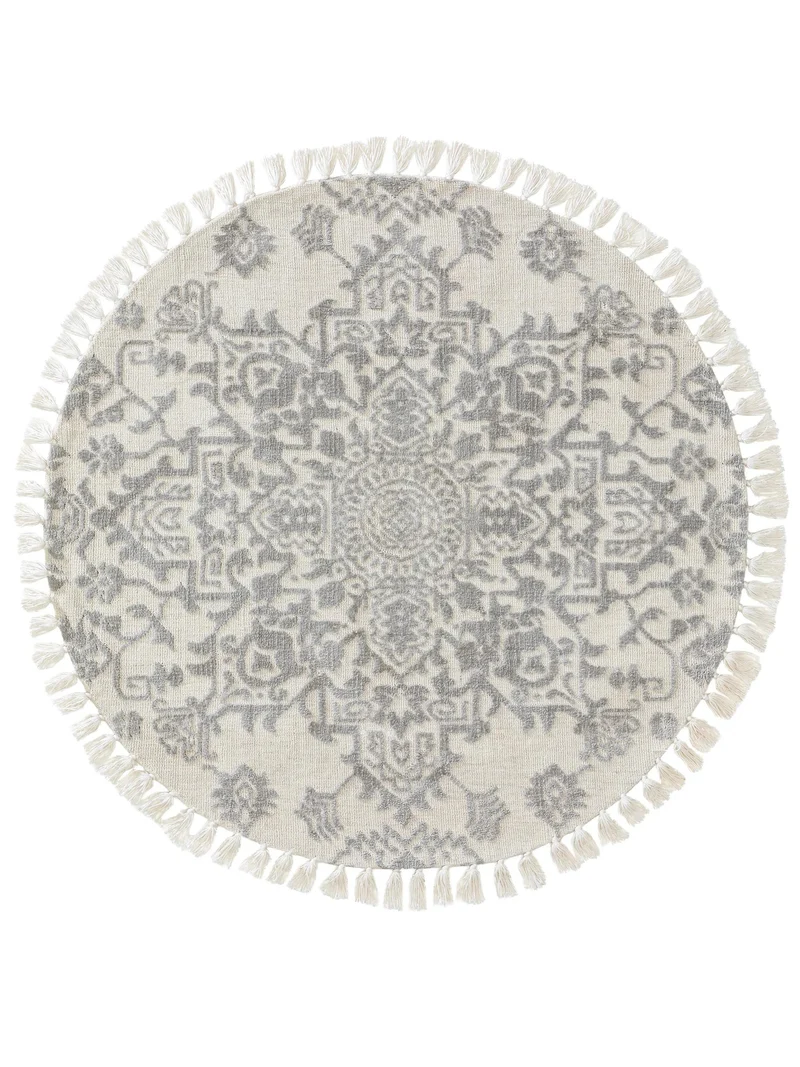 Tapis kilim motif fleurs à franges rond crème et gris 150 cm de diamètre