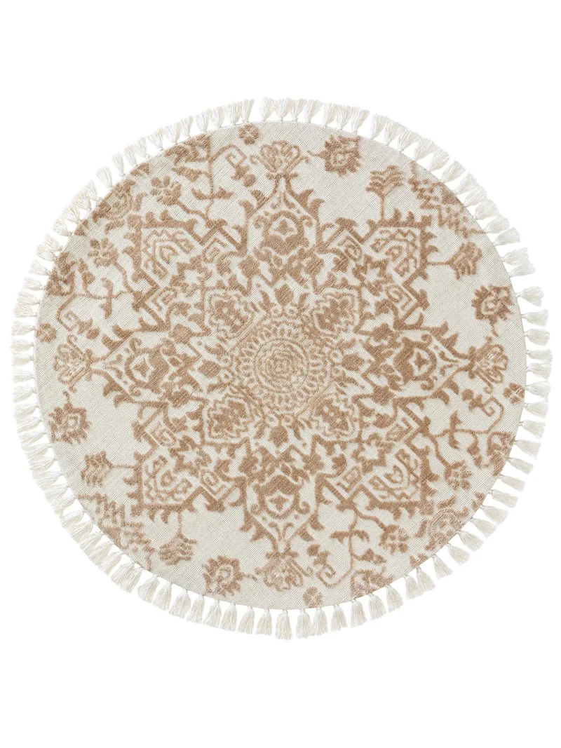 Tapis kilim motif fleurs à franges rond beige et crème 150 cm de diamètre