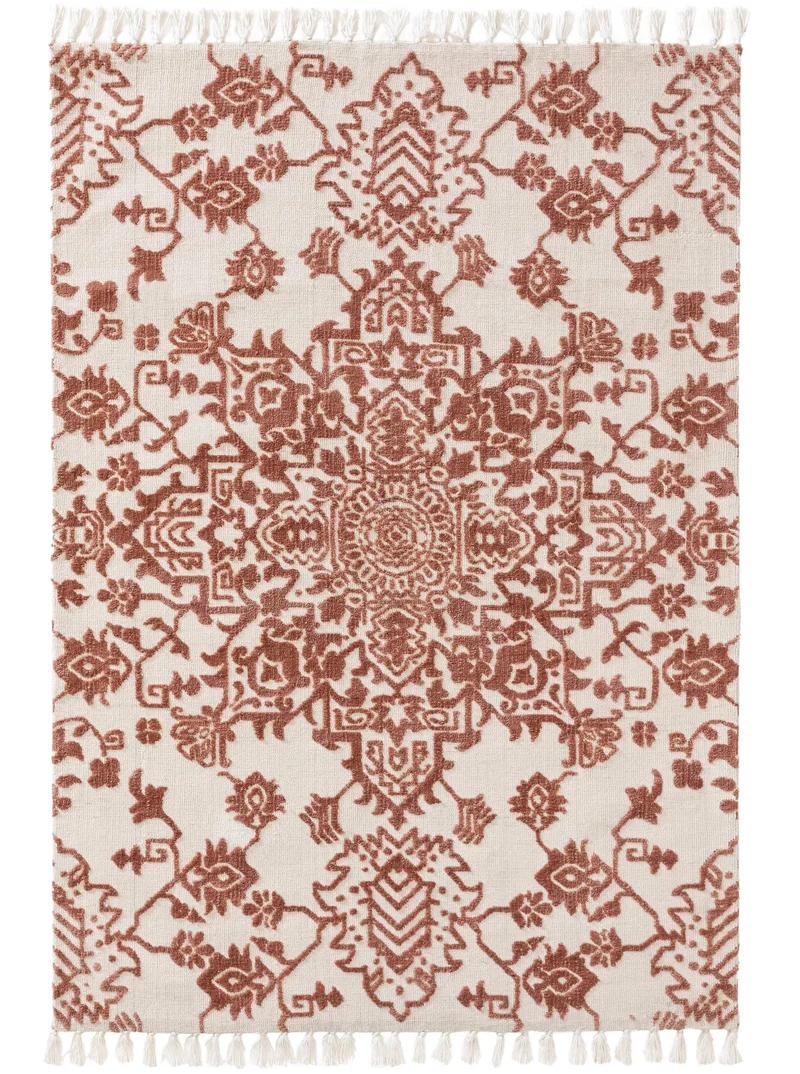 Tapis kilim motif fleurs à franges terracotta et crème 120x170 cm