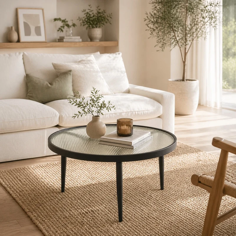 Table basse Eris en métal noir et verre ondulé